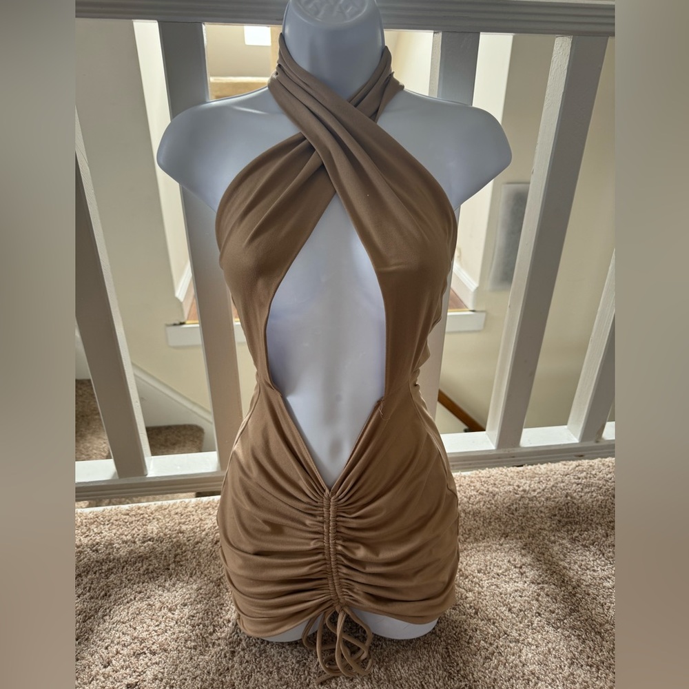 Tan Sexy Halter Party Dress Medium